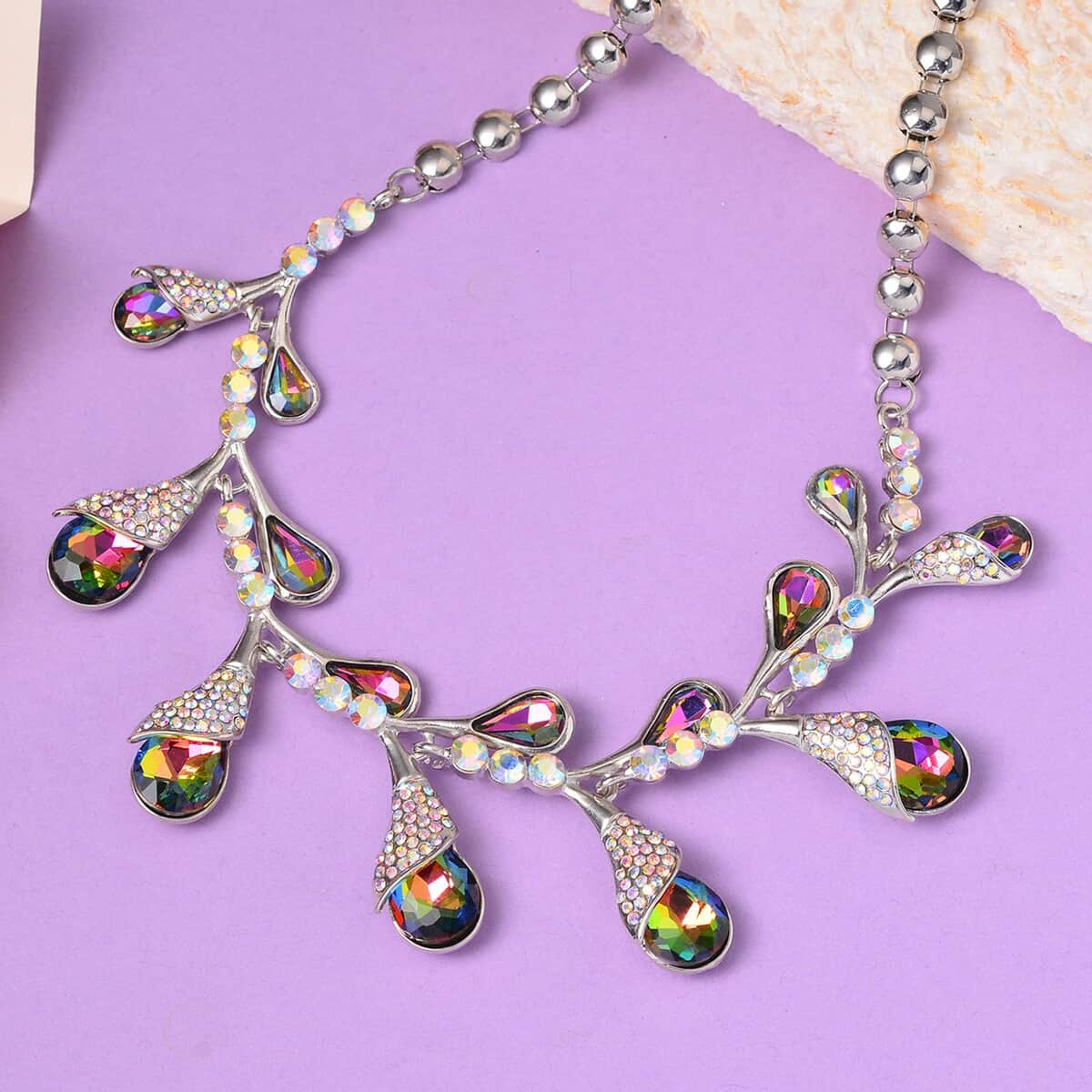 Mystic Color Glass and Aurora Borealis Austrian Crystal Necklace 20-22 Inches in Silvertone image number 1