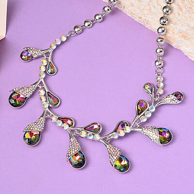 Mystic Color Glass and Aurora Borealis Austrian Crystal Necklace 20-22 Inches in Silvertone