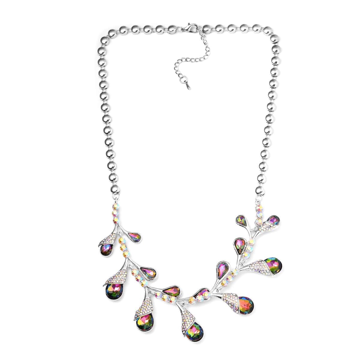 Mystic Color Glass and Aurora Borealis Austrian Crystal Necklace 20-22 Inches in Silvertone image number 2