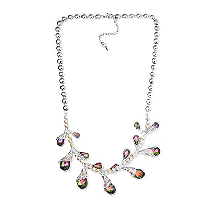 Mystic Color Glass and Aurora Borealis Austrian Crystal Necklace 20-22 Inches in Silvertone