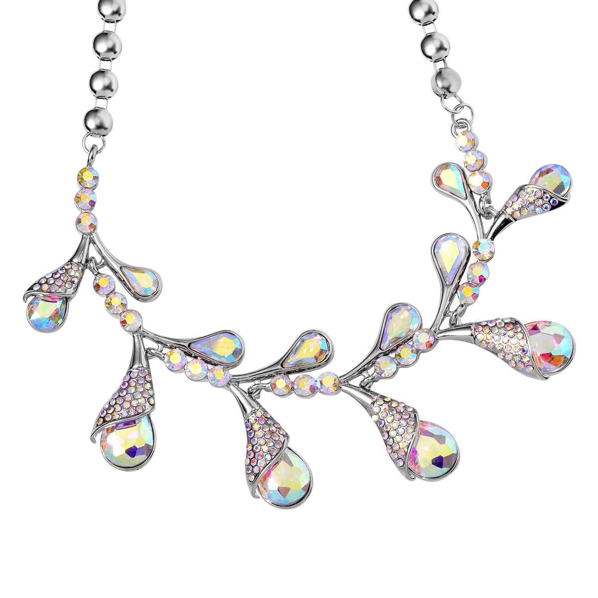Aurora Borealis Color Glass and Multi Color Austrian Crystal Necklace 20-22 Inches in Silvertone image number 0