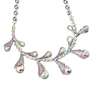 Aurora Borealis Color Glass and Multi Color Austrian Crystal Necklace 20-22 Inches in Silvertone