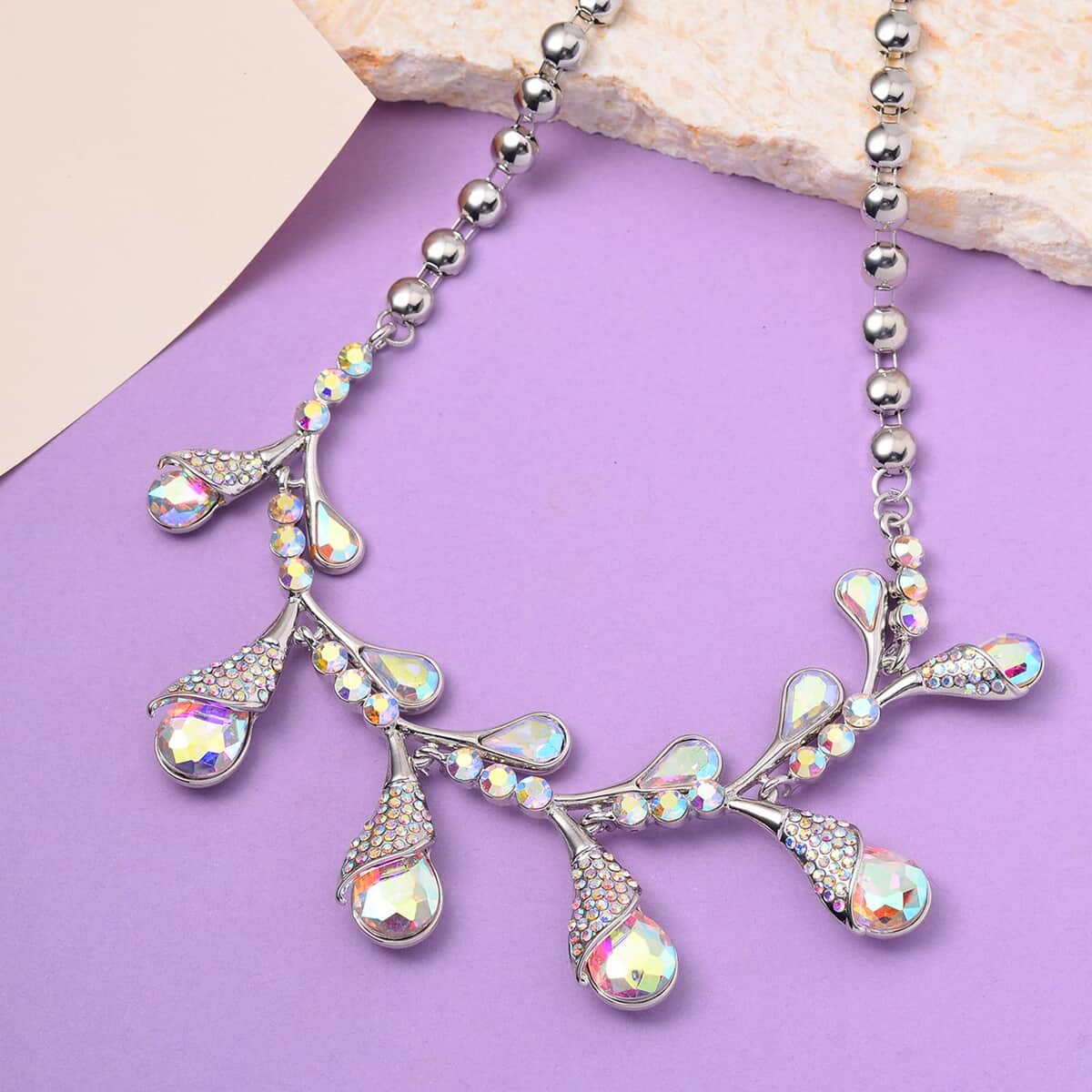 Aurora Borealis Color Glass and Multi Color Austrian Crystal Necklace 20-22 Inches in Silvertone image number 1