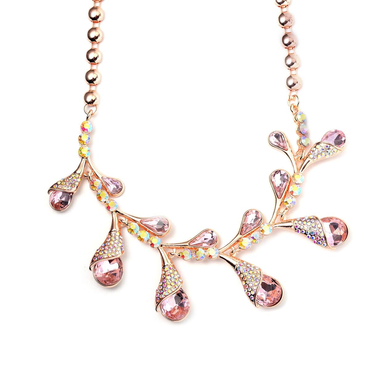 Pink Color Glass and Aurora Borealis Austrian Crystal Necklace 20-22 Inches in Rosetone image number 0