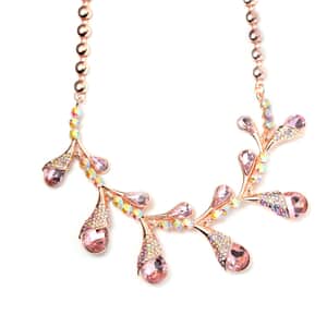 Pink Color Glass and Aurora Borealis Austrian Crystal Necklace 20-22 Inches in Rosetone