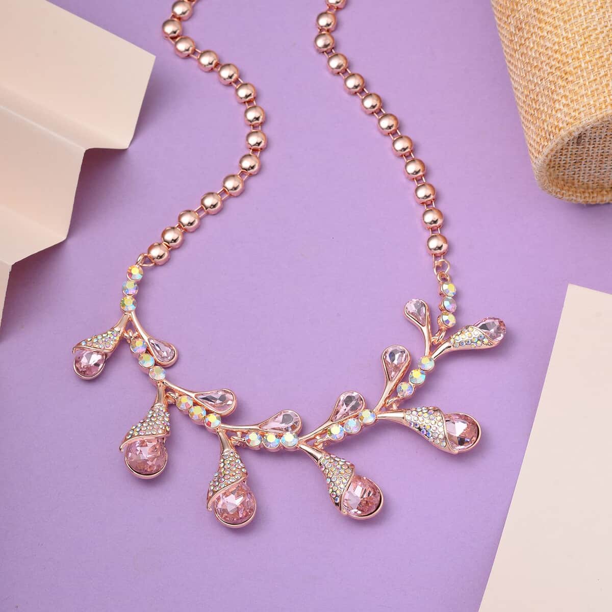 Pink Color Glass and Aurora Borealis Austrian Crystal Necklace 20-22 Inches in Rosetone image number 1