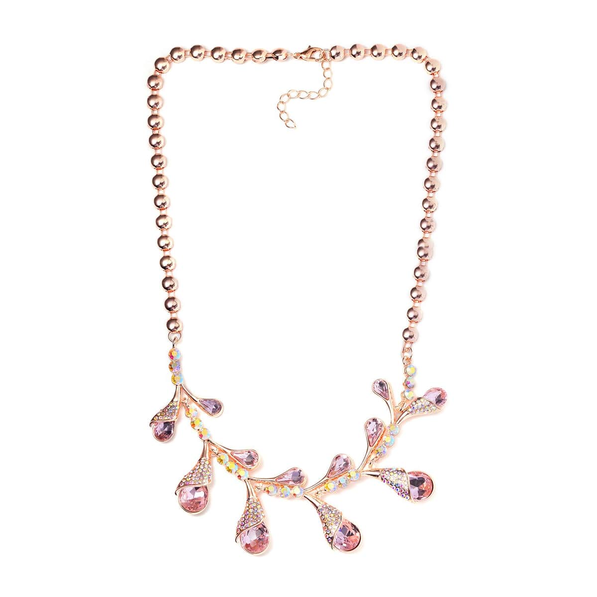 Pink Color Glass and Aurora Borealis Austrian Crystal Necklace 20-22 Inches in Rosetone image number 2