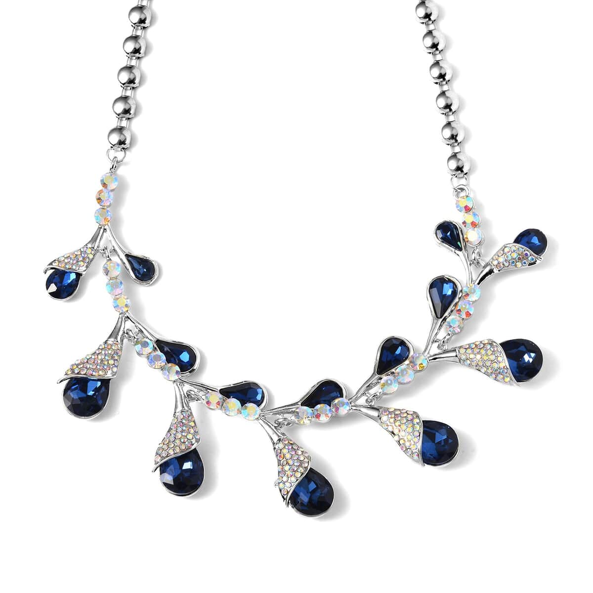 Blue Color Glass and Austrian Crystal Necklace 20-22 Inches in Silvertone image number 0