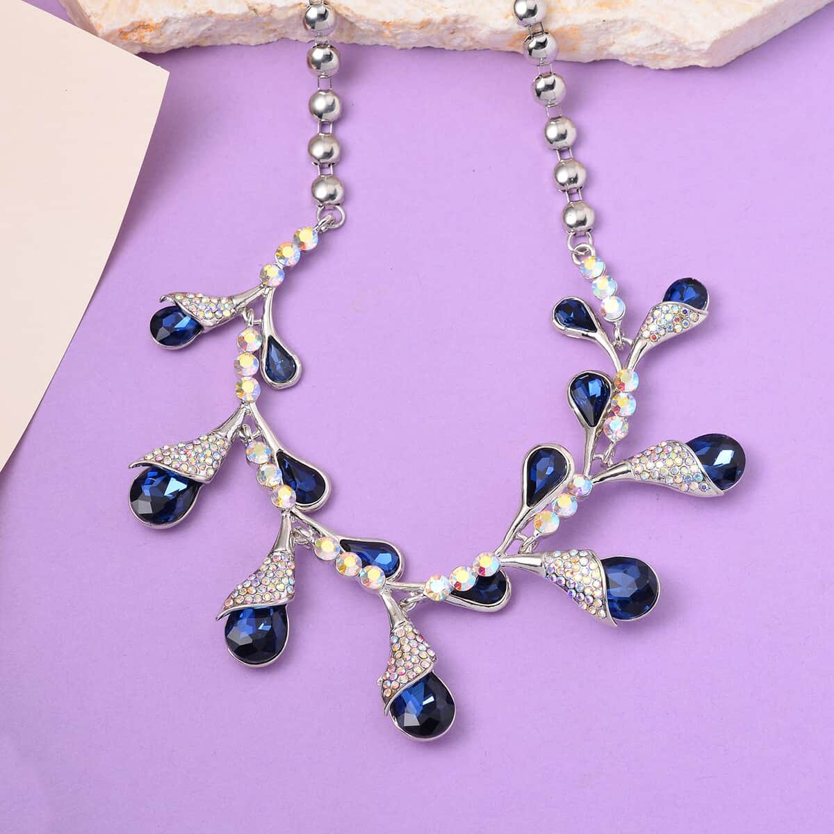 Blue Color Glass and Austrian Crystal Necklace 20-22 Inches in Silvertone image number 1