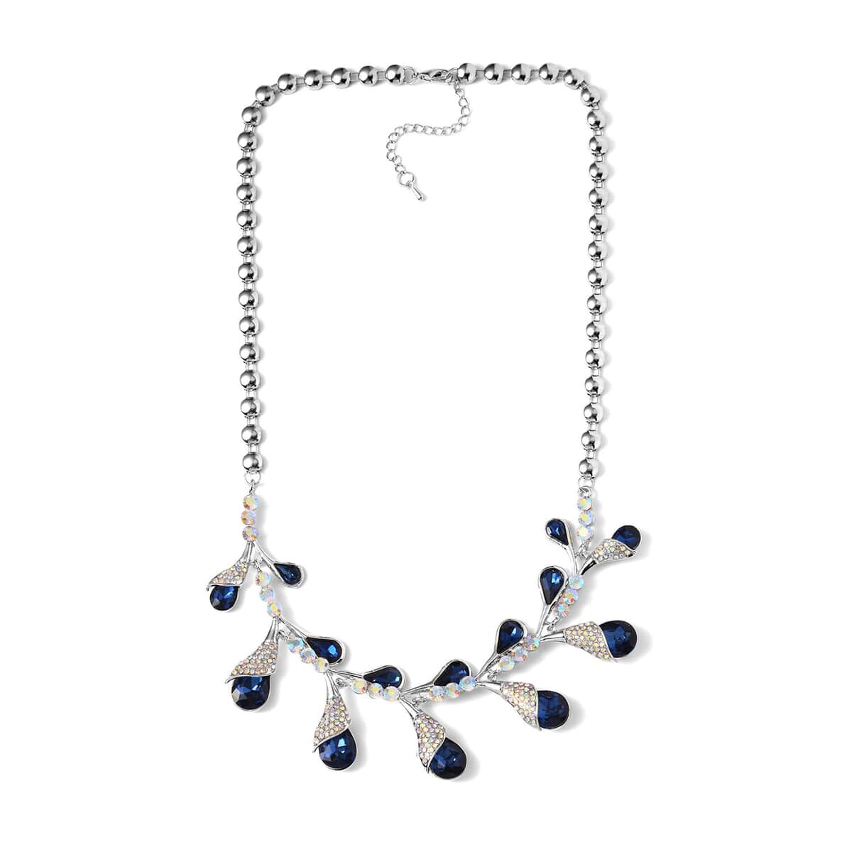 Blue Color Glass and Austrian Crystal Necklace 20-22 Inches in Silvertone image number 2