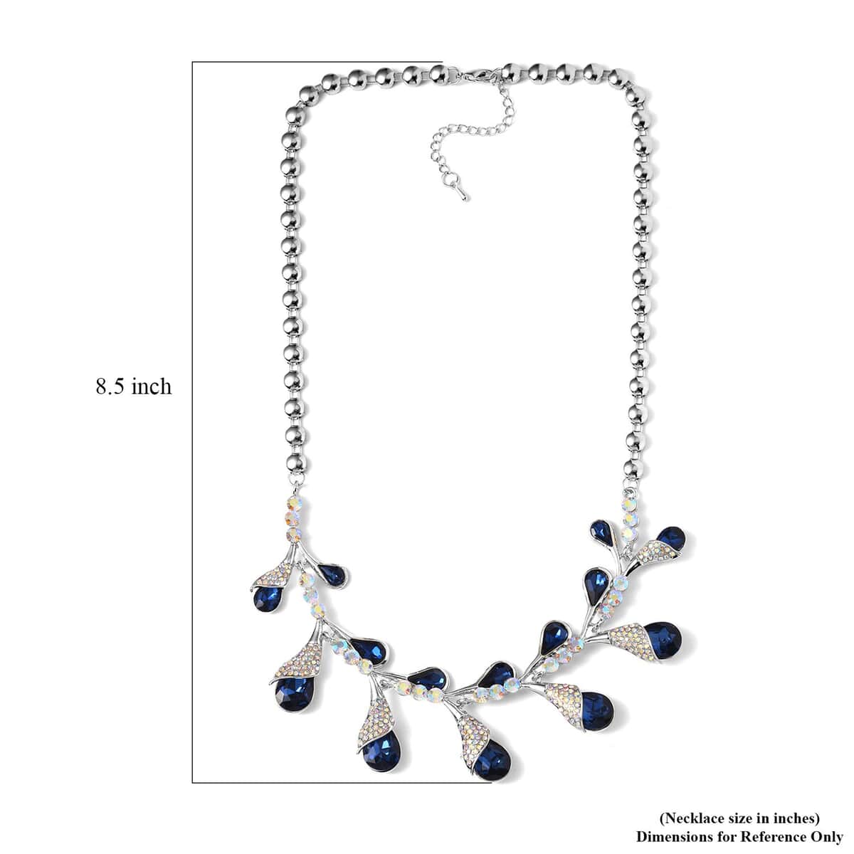 Blue Color Glass and Austrian Crystal Necklace 20-22 Inches in Silvertone image number 4