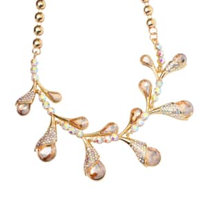 Champagne Color Glass and Aurora Borealis Austrian Crystal Necklace 20-22 Inches in Goldtone