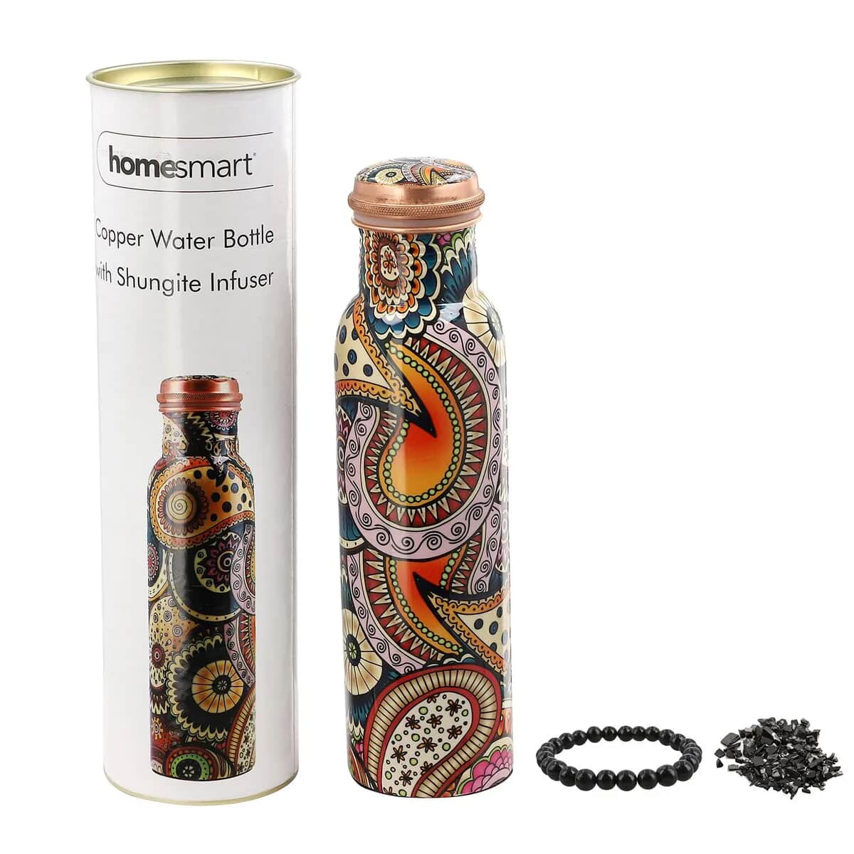 Multi Color Printed Copper Bottle with Shungite Infuser and Shungite Bracelet  Bottle Size: Height- 10.6 inches, Diameter- 2.75 inches, Bracelet - 6mm Bottle Capacity: Approx. 32 Oz. image number 0