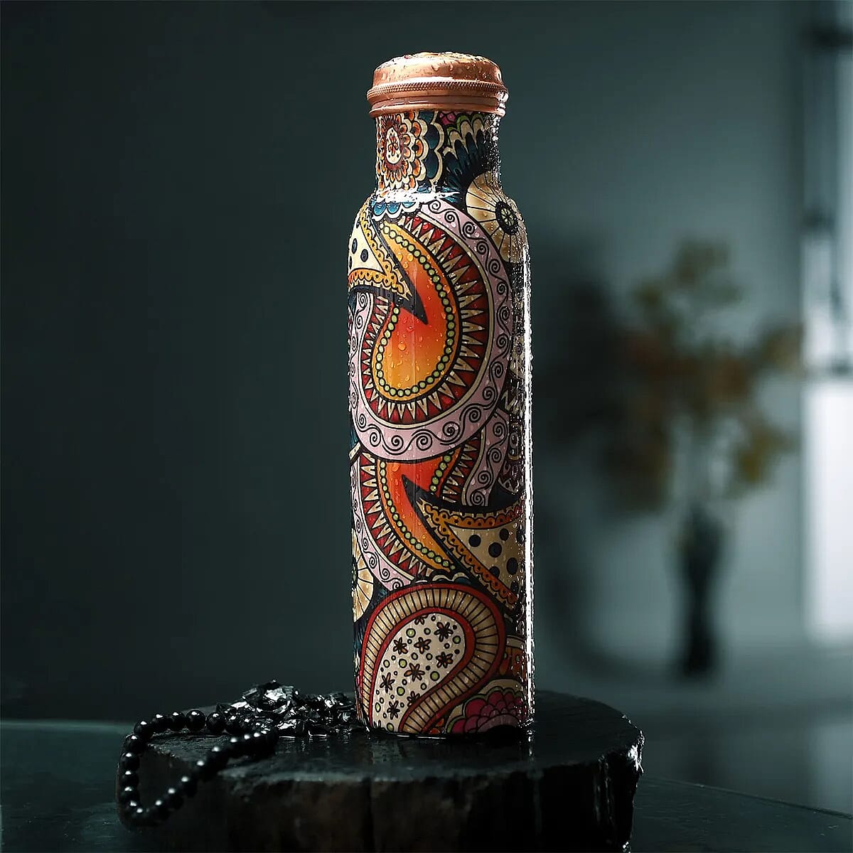 Homesmart Multi Color Paisley Printed Copper Bottle with Shungite Infuser (32 Oz) and Shungite Beaded Stretch Bracelet , Shungite Bottle , Portable Reusable Copper Water Bottle