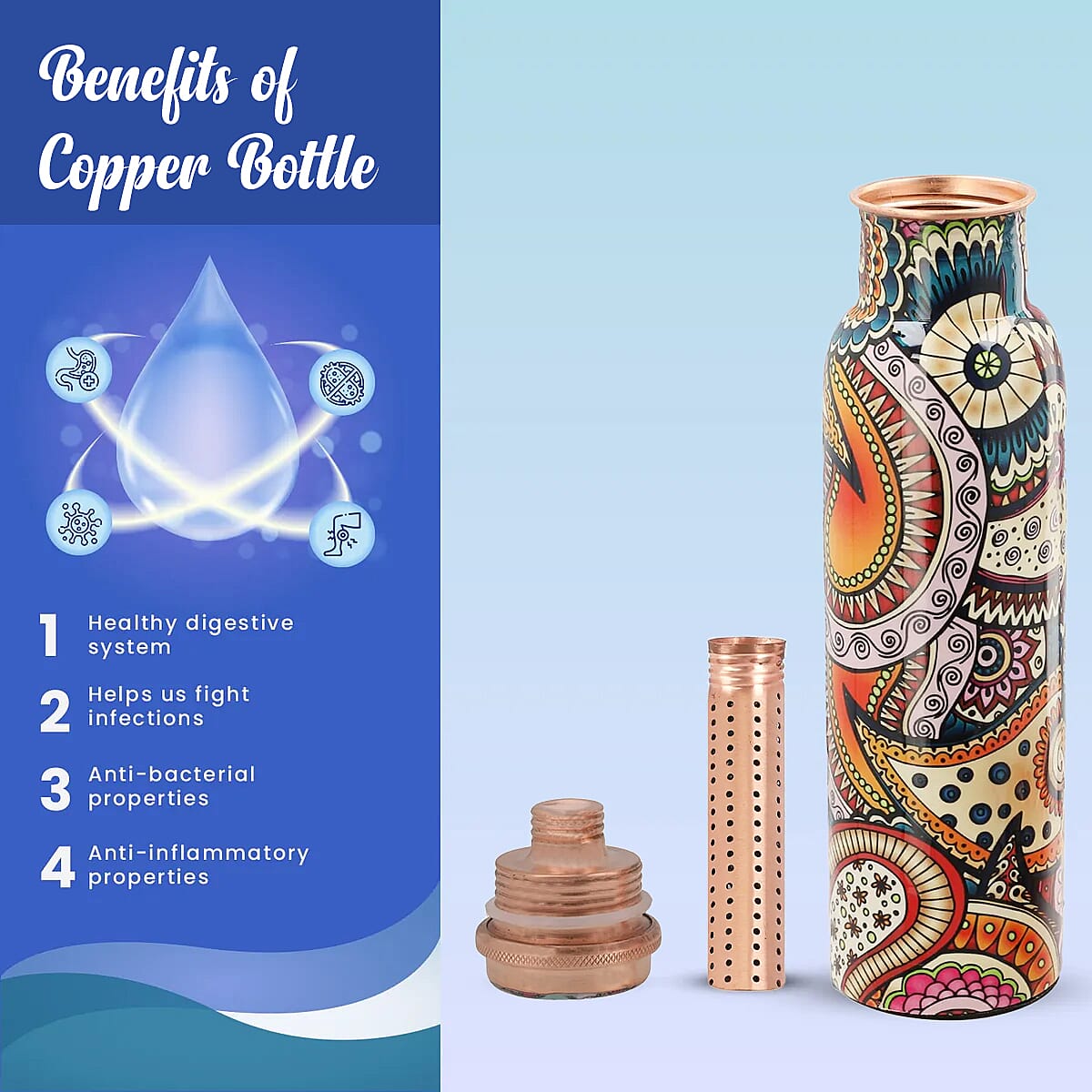 Homesmart Multi Color Paisley Printed Copper Bottle with Shungite Infuser (32 Oz) and Shungite Beaded Stretch Bracelet , Shungite Bottle , Portable Reusable Copper Water Bottle