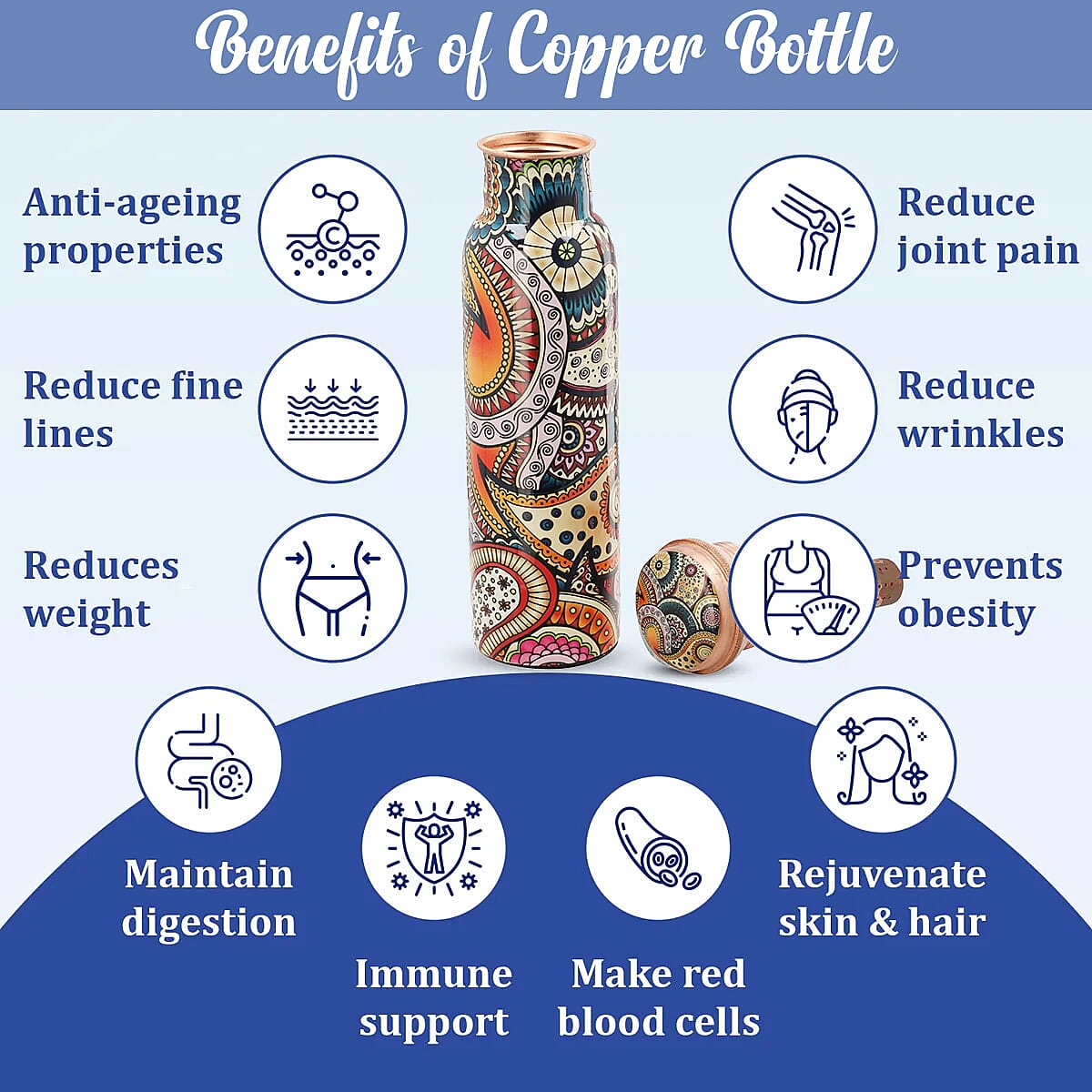 Homesmart Multi Color Paisley Printed Copper Bottle with Shungite Infuser (32 Oz) and Shungite Beaded Stretch Bracelet , Shungite Bottle , Portable Reusable Copper Water Bottle