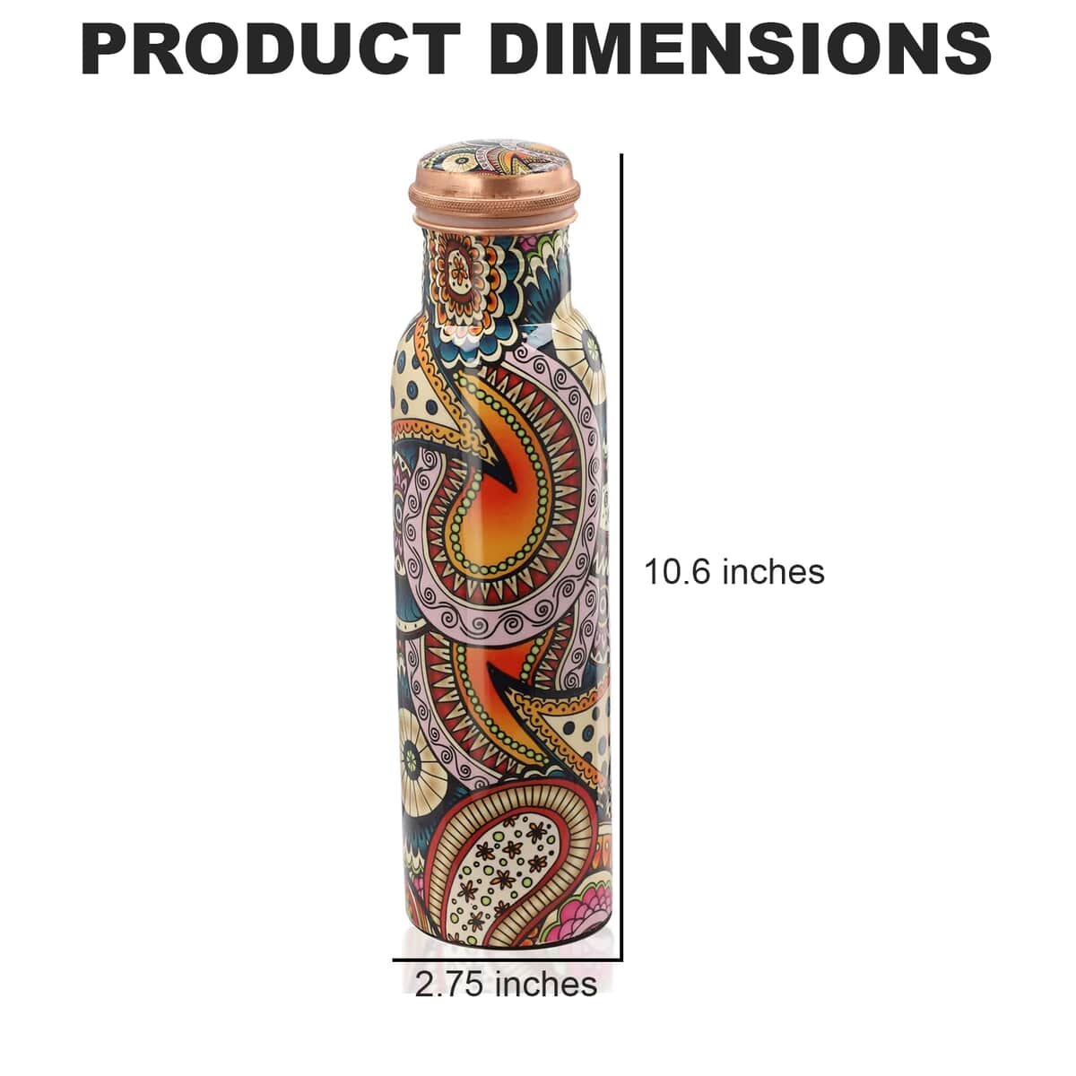 Multi Color Printed Copper Bottle with Shungite Infuser and Shungite Bracelet  Bottle Size: Height- 10.6 inches, Diameter- 2.75 inches, Bracelet - 6mm Bottle Capacity: Approx. 32 Oz. image number 5