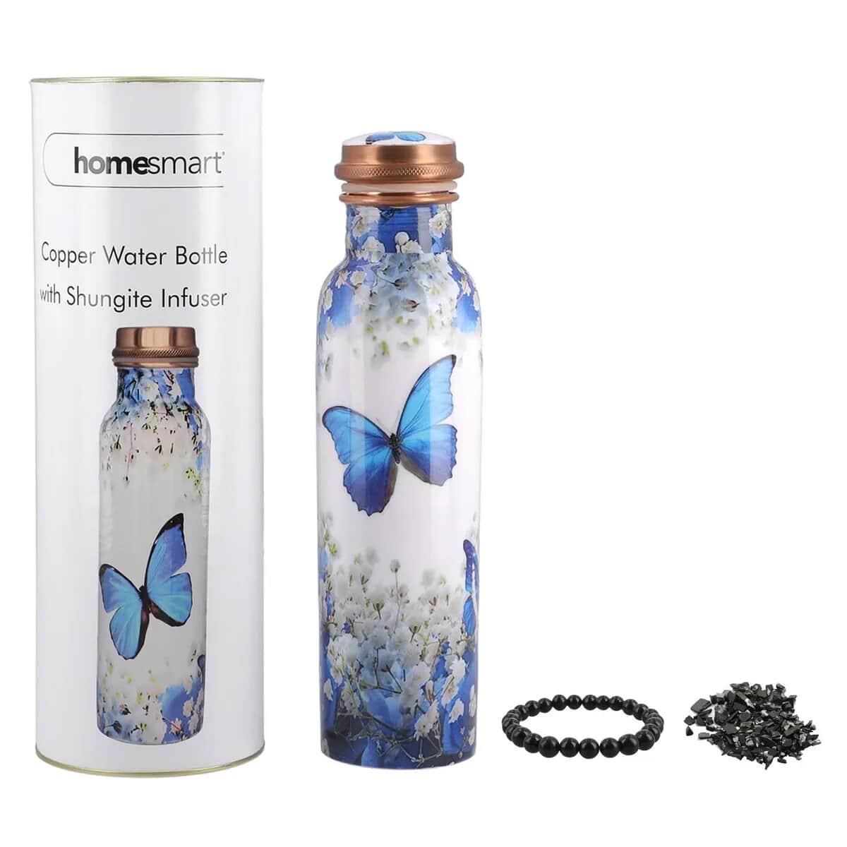 Homesmart Multi Color Butterfly & Floral Printed Copper Bottle with Shungite Infuser (32 Oz) and Shungite Beaded Stretch Bracelet , Shungite Bottle , Portable Reusable Copper Water Bottle image number 0