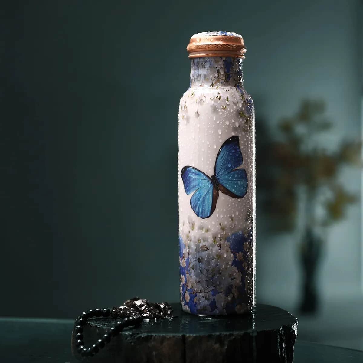 Homesmart Multi Color Butterfly & Floral Printed Copper Bottle with Shungite Infuser (32 Oz) and Shungite Beaded Stretch Bracelet , Shungite Bottle , Portable Reusable Copper Water Bottle image number 1