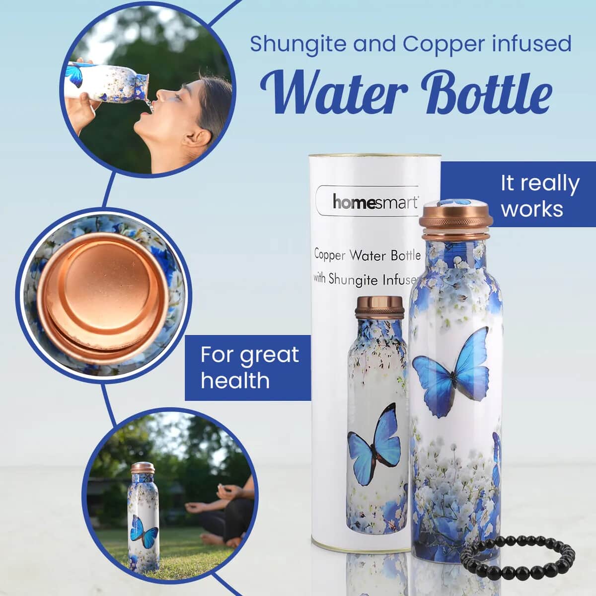 Homesmart Multi Color Butterfly & Floral Printed Copper Bottle with Shungite Infuser (32 Oz) and Shungite Beaded Stretch Bracelet , Shungite Bottle , Portable Reusable Copper Water Bottle image number 2