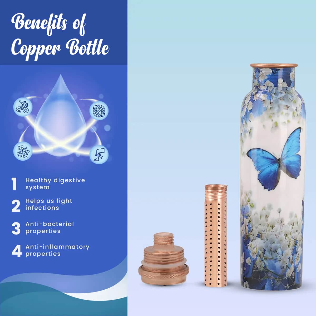 Homesmart Multi Color Butterfly & Floral Printed Copper Bottle with Shungite Infuser (32 Oz) and Shungite Beaded Stretch Bracelet , Shungite Bottle , Portable Reusable Copper Water Bottle image number 3