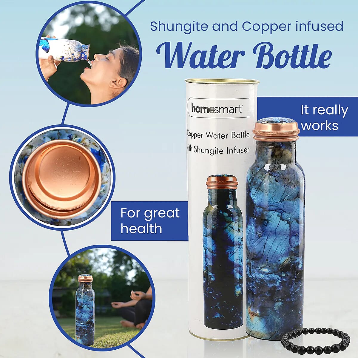 Homesmart Multi Color Printed Copper Bottle with Shungite Infuser (32 Oz) and Shungite Beaded Stretch Bracelet , Shungite Bottle , Portable Reusable Copper Water Bottle image number 2