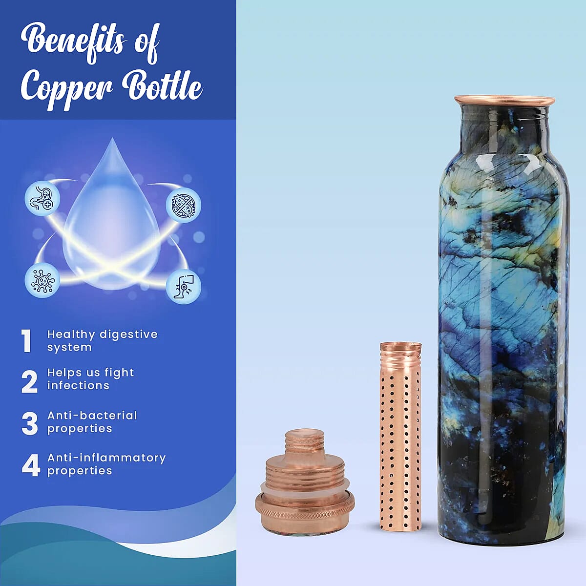 Homesmart Multi Color Printed Copper Bottle with Shungite Infuser (32 Oz) and Shungite Beaded Stretch Bracelet , Shungite Bottle , Portable Reusable Copper Water Bottle image number 3