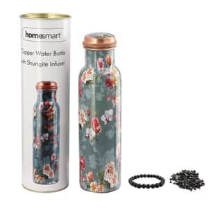 Homesmart Multi Color Floral Printed Copper Bottle with Shungite Infuser (32 Oz) and Shungite Beaded Stretch Bracelet , Shungite Bottle , Portable Reusable Copper Water Bottle