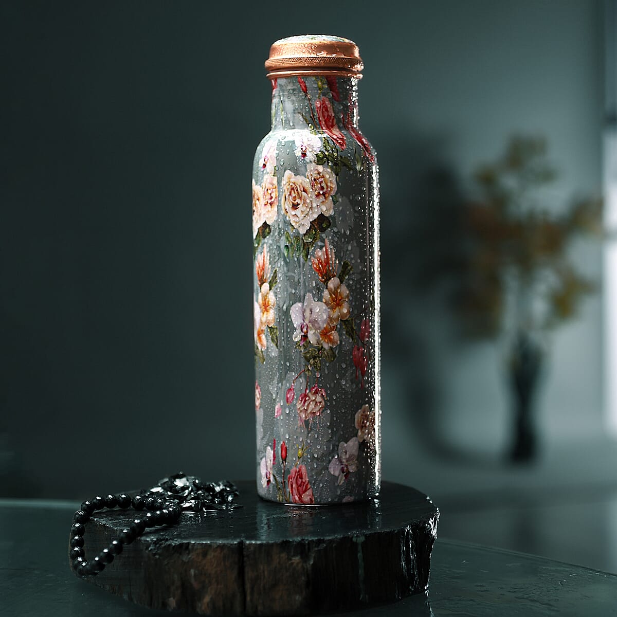 Homesmart Multi Color Floral Printed Copper Bottle with Shungite Infuser (32 Oz) and Shungite Beaded Stretch Bracelet , Shungite Bottle , Portable Reusable Copper Water Bottle image number 1