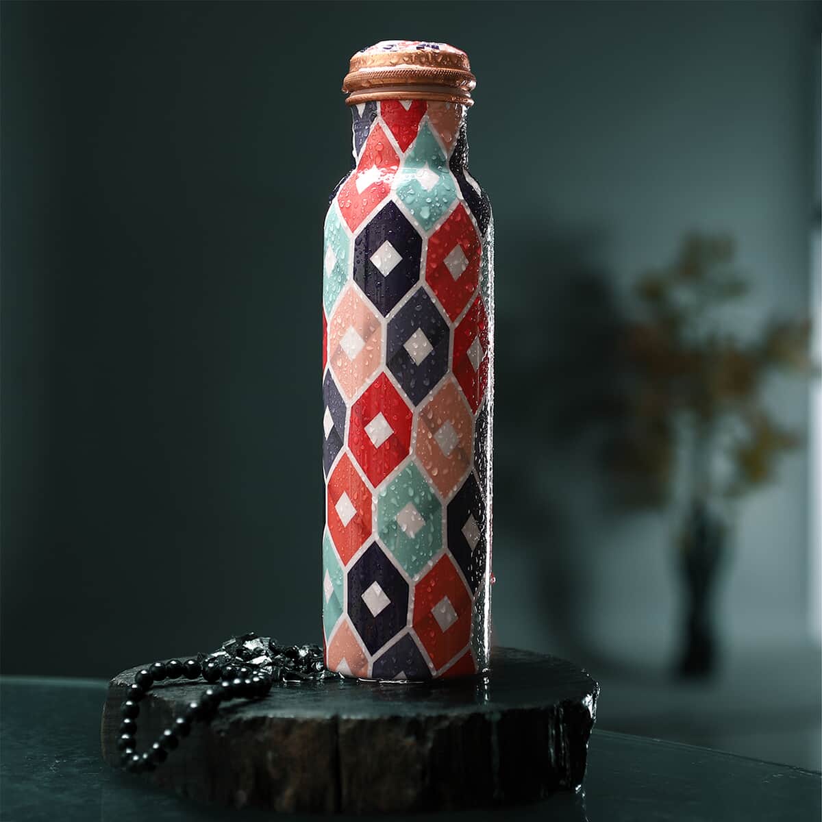 Homesmart Multi Color Geometric Printed Copper Bottle with Shungite Infuser (32 Oz) and Shungite Beaded Stretch Bracelet , Shungite Bottle , Portable Reusable Copper Water Bottle image number 1