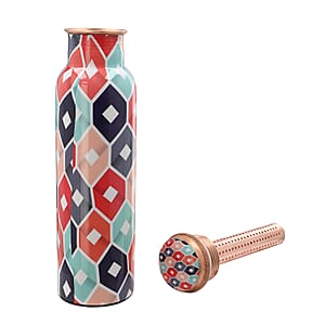 Homesmart Multi Color Geometric Printed Copper Bottle with Shungite Infuser (32 Oz) and Shungite Beaded Stretch Bracelet , Shungite Bottle , Portable Reusable Copper Water Bottle