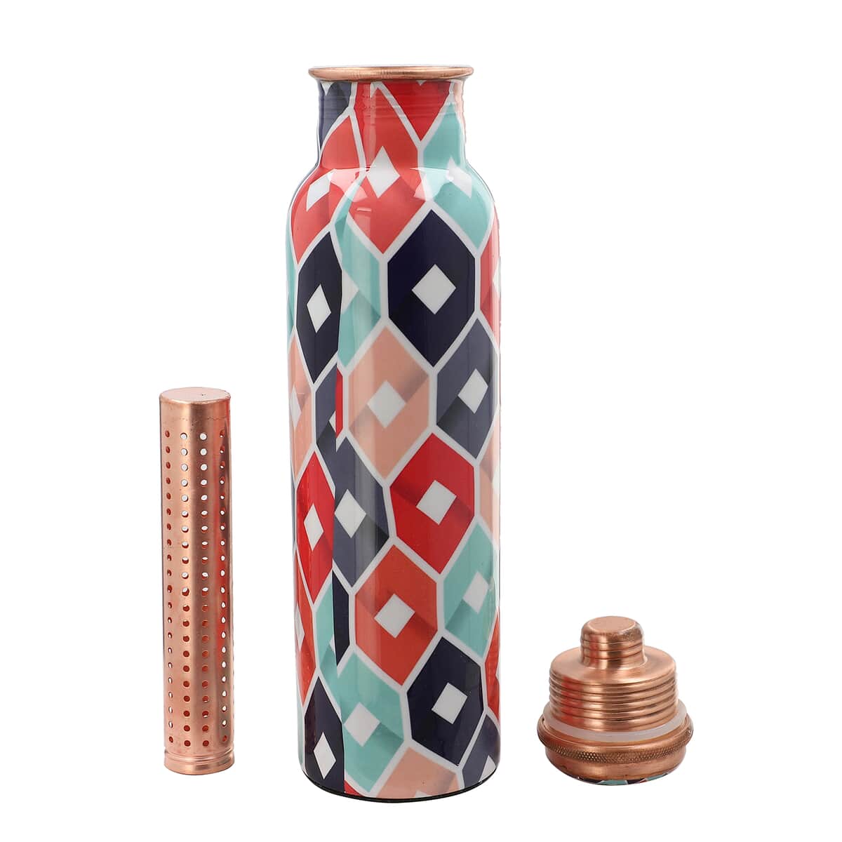 Homesmart Multi Color Geometric Printed Copper Bottle with Shungite Infuser (32 Oz) and Shungite Beaded Stretch Bracelet , Shungite Bottle , Portable Reusable Copper Water Bottle image number 4