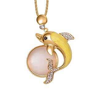 Lab Created White Cat's Eye, White and Black Austrian Crystal Dolphin Necklace in Goldtone 29-31 Inches