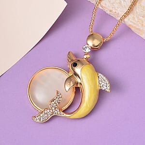 Lab Created White Cat's Eye, White and Black Austrian Crystal Dolphin Necklace in Goldtone 29-31 Inches