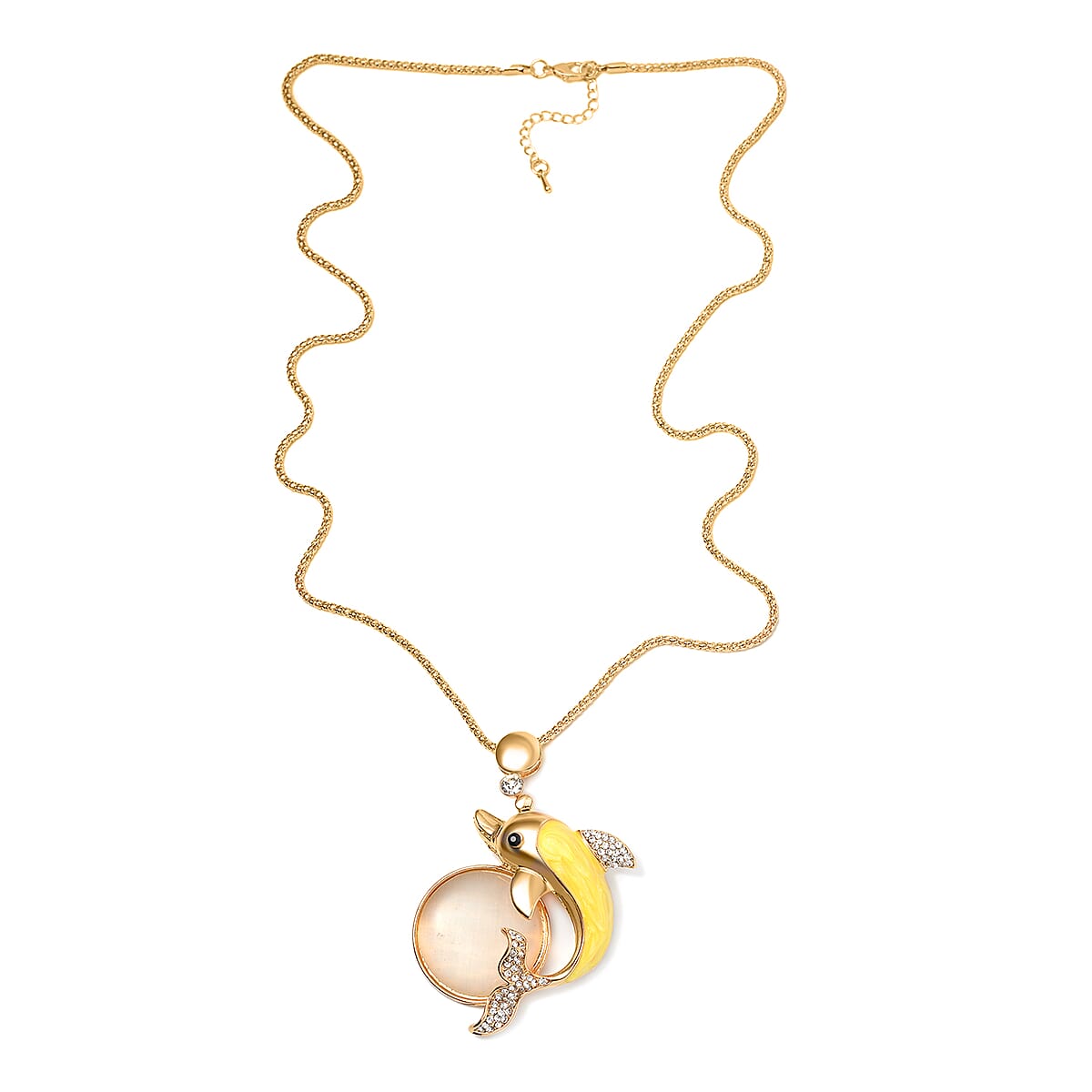 Lab Created White Cat's Eye, White and Black Austrian Crystal Dolphin Necklace in Goldtone 29-31 Inches image number 2