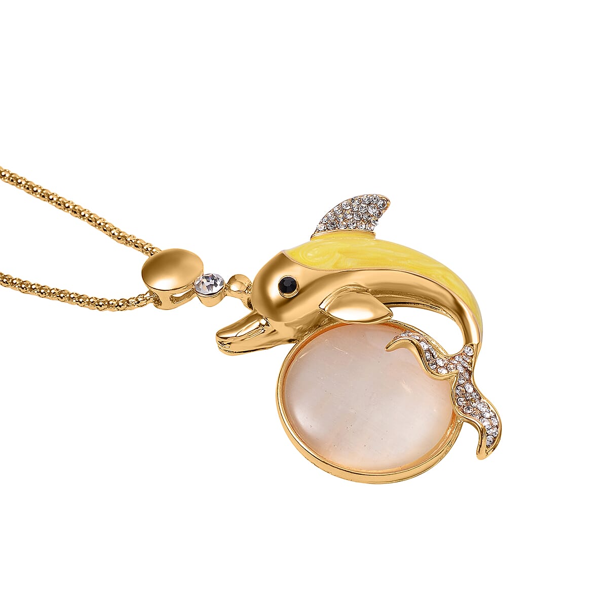 Lab Created White Cat's Eye, White and Black Austrian Crystal Dolphin Necklace in Goldtone 29-31 Inches image number 3