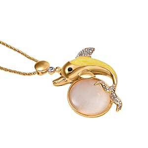 Lab Created White Cat's Eye, White and Black Austrian Crystal Dolphin Necklace in Goldtone 29-31 Inches