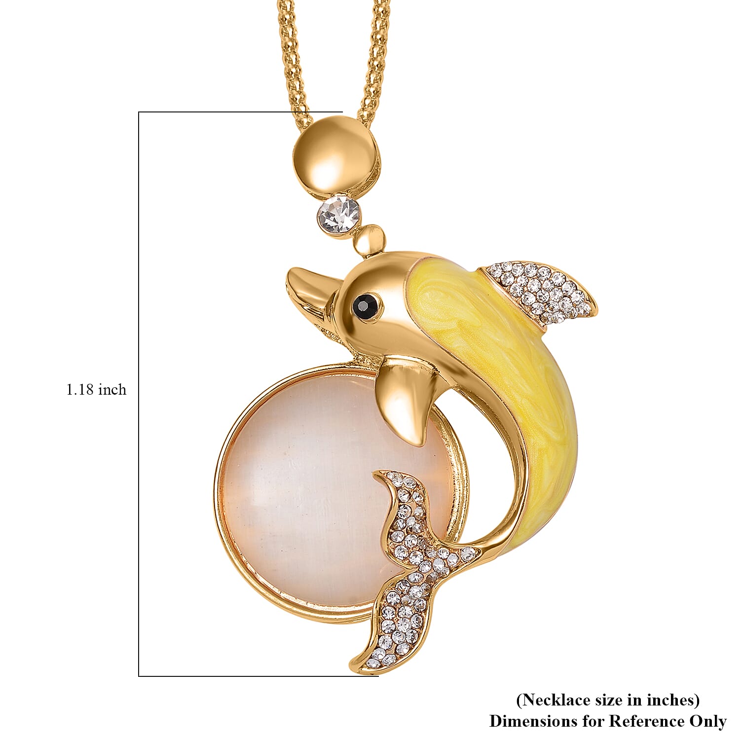 Lab Created White Cat's Eye, White and Black Austrian Crystal Dolphin Necklace in Goldtone 29-31 Inches