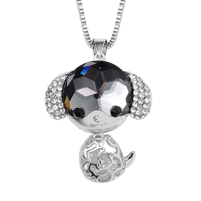 Grey Pearl Glass, Black and White Austrian Crystal Small Mouse Necklace in Silvertone 29-31 Inches