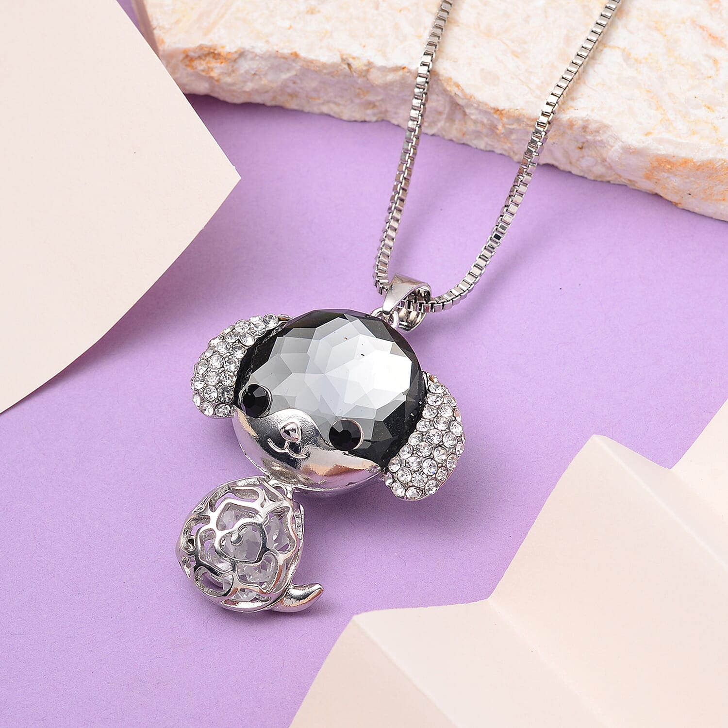 Grey Pearl Glass, Black and White Austrian Crystal Small Mouse Necklace in Silvertone 29-31 Inches