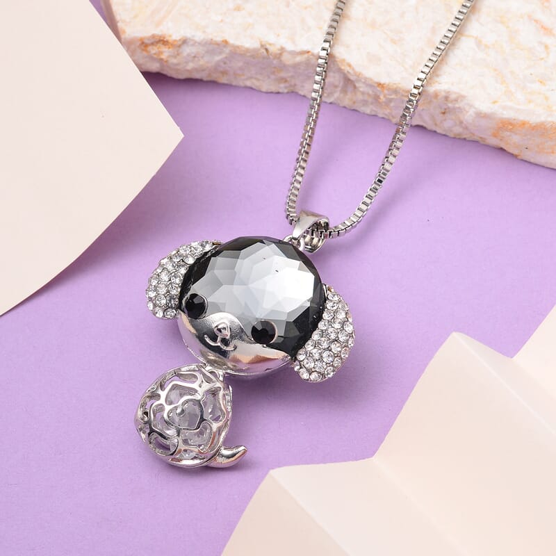 Grey Pearl Glass, Black and White Austrian Crystal Small Mouse Necklace in Silvertone 29-31 Inches