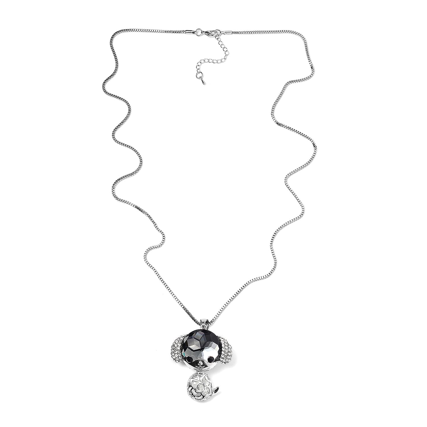 Grey Pearl Glass, Black and White Austrian Crystal Small Mouse Necklace in Silvertone 29-31 Inches