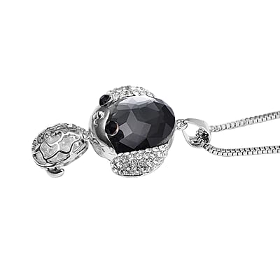 Grey Pearl Glass, Black and White Austrian Crystal Small Mouse Necklace in Silvertone 29-31 Inches