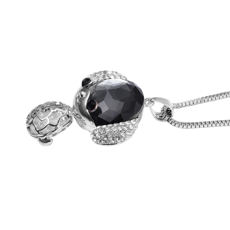 Grey Pearl Glass, Black and White Austrian Crystal Small Mouse Necklace in Silvertone 29-31 Inches