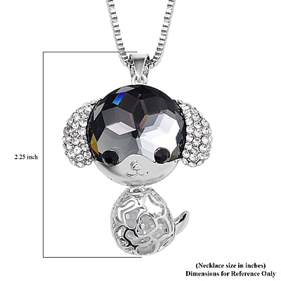 Grey Pearl Glass, Black and White Austrian Crystal Small Mouse Necklace in Silvertone 29-31 Inches