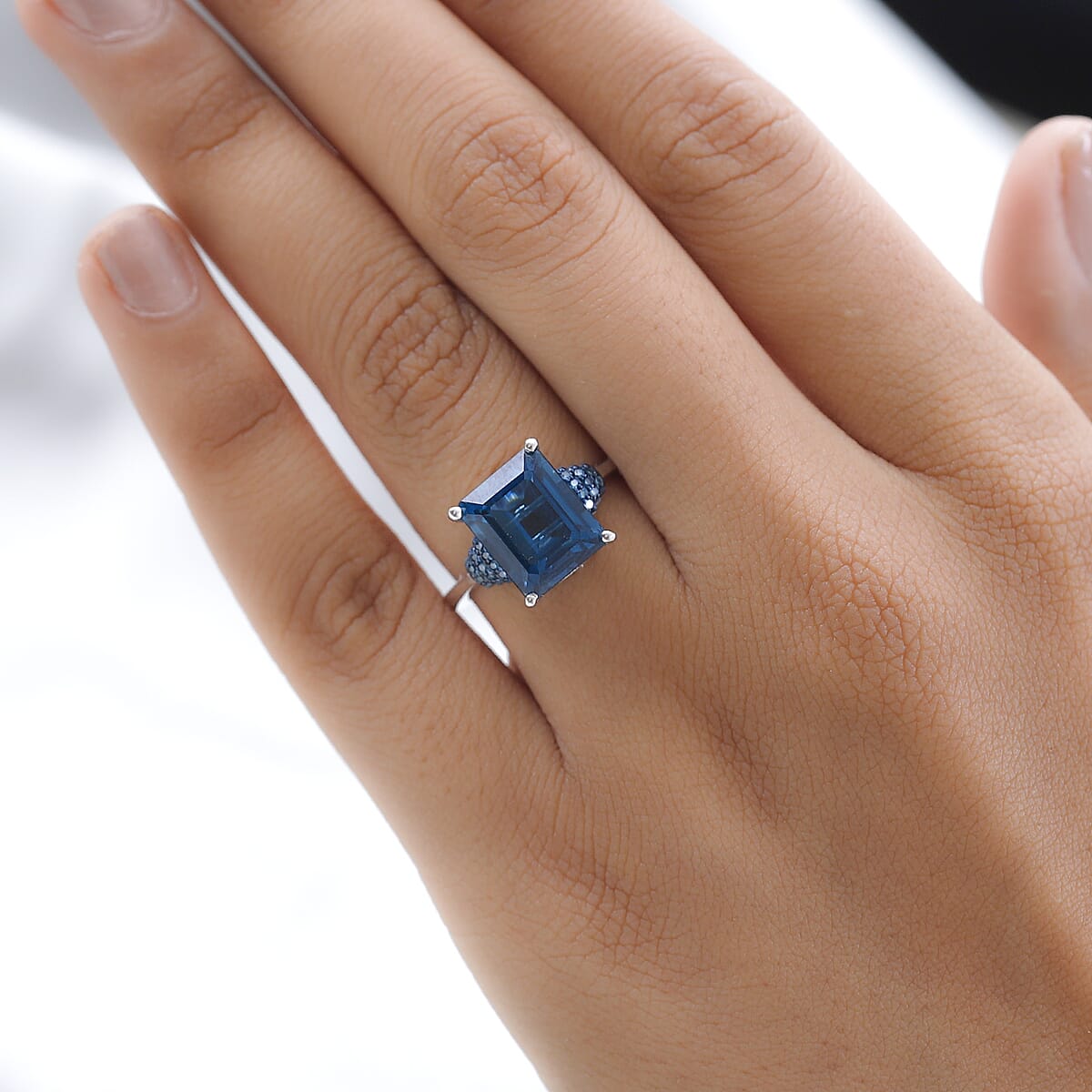 London Blue Topaz and Blue Diamond Ring in Platinum Over Sterling Silver (Size 6.0) 6.25 ctw image number 2