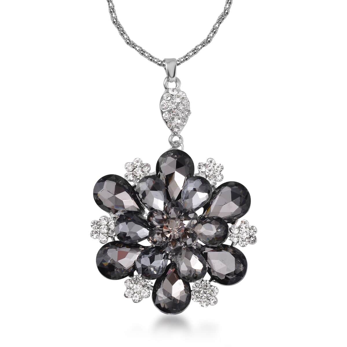 Grey Pearl Glass and Austrian Crystal Flower Necklace 29-31 Inches in Silvertone image number 0