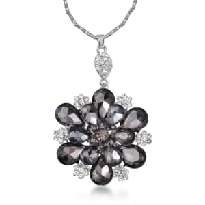 Grey Pearl Glass and Austrian Crystal Flower Necklace 29-31 Inches in Silvertone