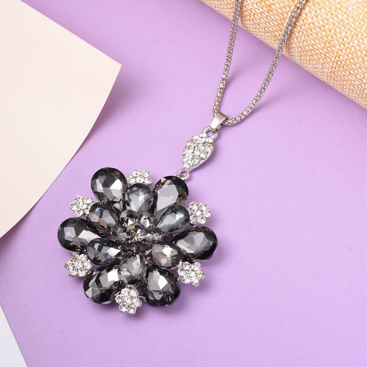 Grey Pearl Glass and Austrian Crystal Flower Necklace 29-31 Inches in Silvertone image number 1