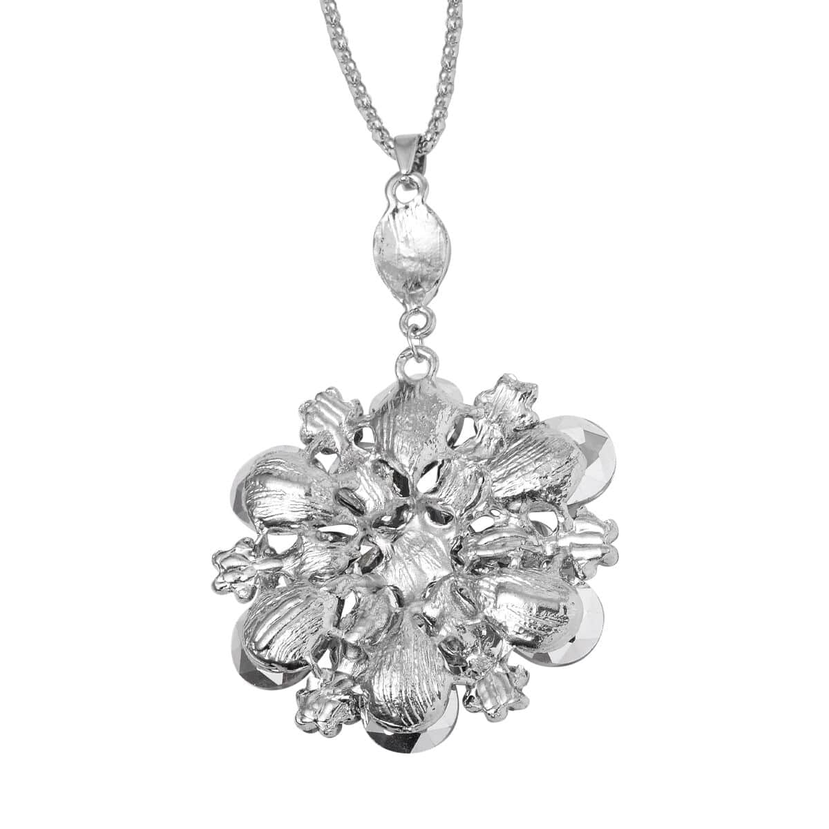 Grey Pearl Glass and Austrian Crystal Flower Necklace 29-31 Inches in Silvertone image number 3